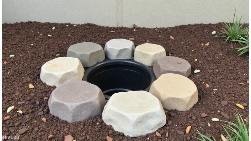 Landscaping stones and mulch effectively hiding a sump pump discharge pipe outlet.