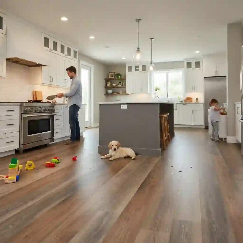 A modern, open-plan kitchen with white cabinets and wood-look flooring. A man is cooking at the stove, a young child is playing by the refrigerator, and a golden retriever puppy is lying on the floor. Toys and a few small splashes of water are visible on the durable flooring, highlighting its suitability for busy family life.