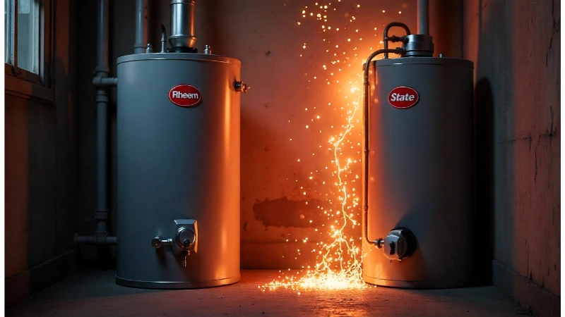 A detailed comparison graphic showing Rheem vs State water heaters side-by-side in a basement setting.