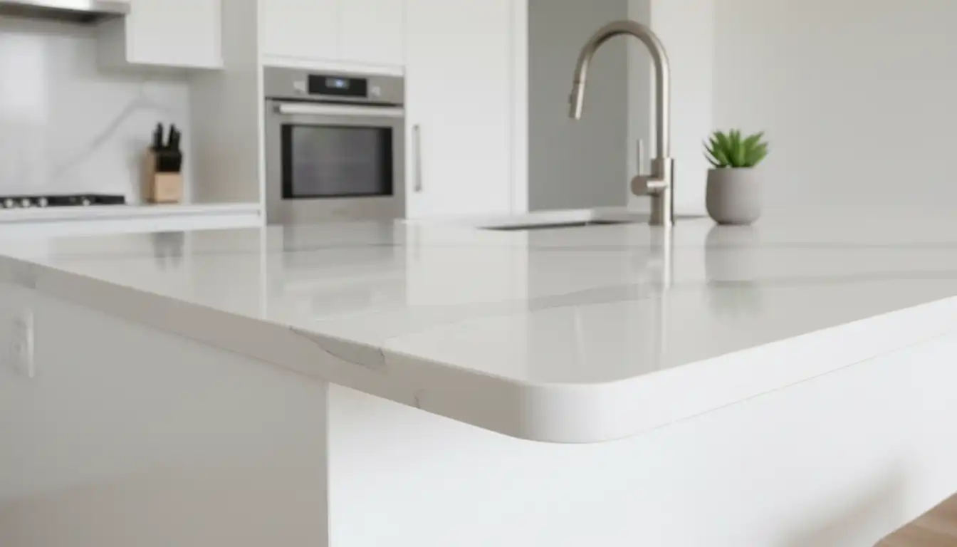 Close-up of a white quartz countertop with a smooth, 1/2 round edge profile in a modern kitchen setting.