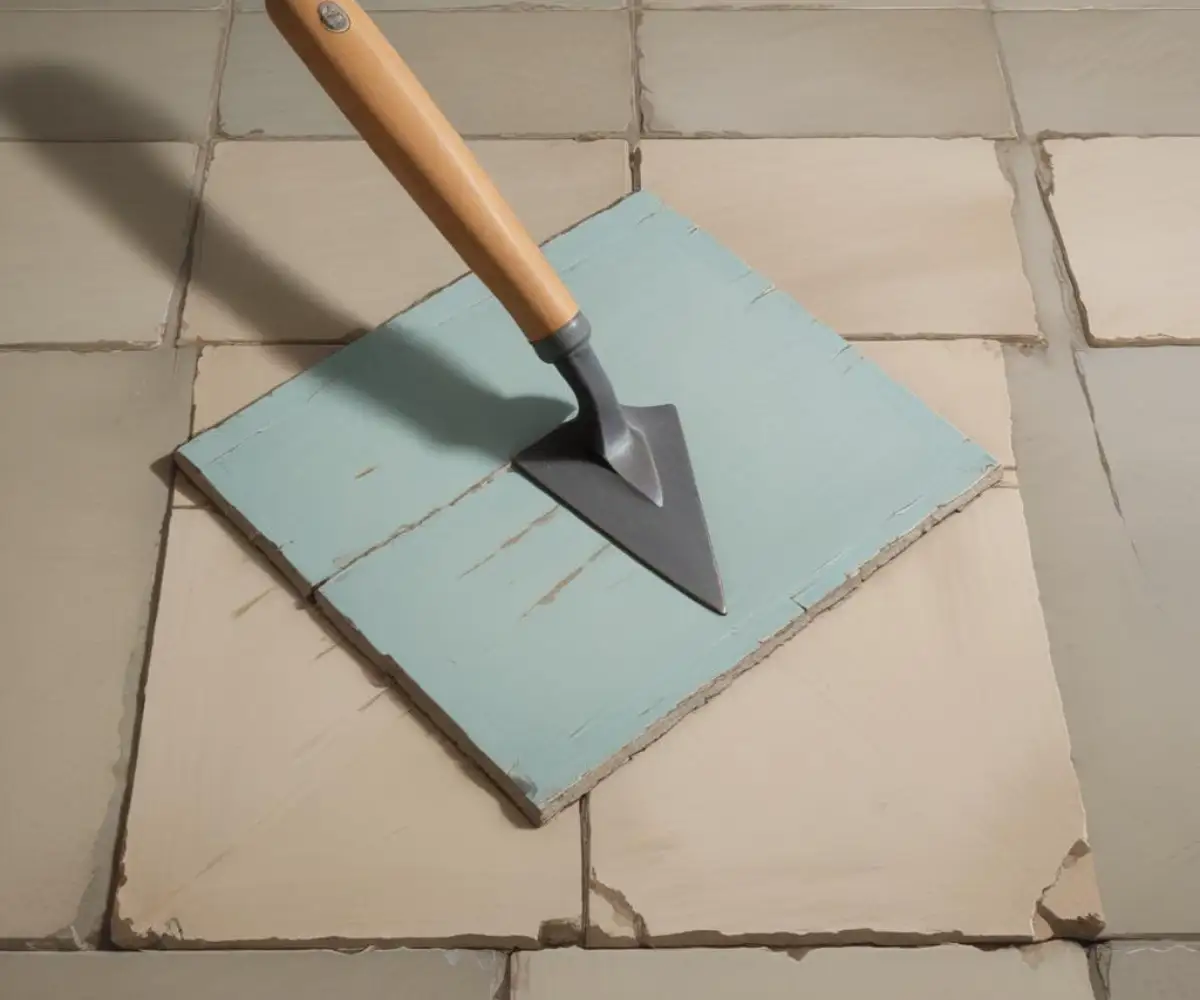 A 1/4 inch square-notched trowel resting on a concrete floor next to a stack of large 12x24 inch porcelain tiles.