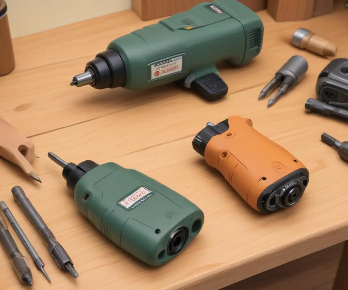 A compact 1/4-inch impact driver shown next to a larger, more robust 1/2-inch impact driver on a simple wooden workbench.