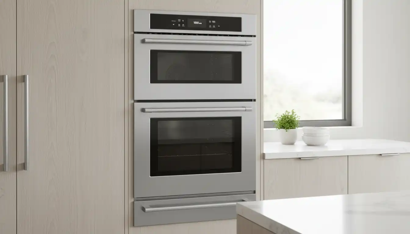 A sleek, built-in stainless steel double oven with a larger main oven below a smaller, half-sized oven.