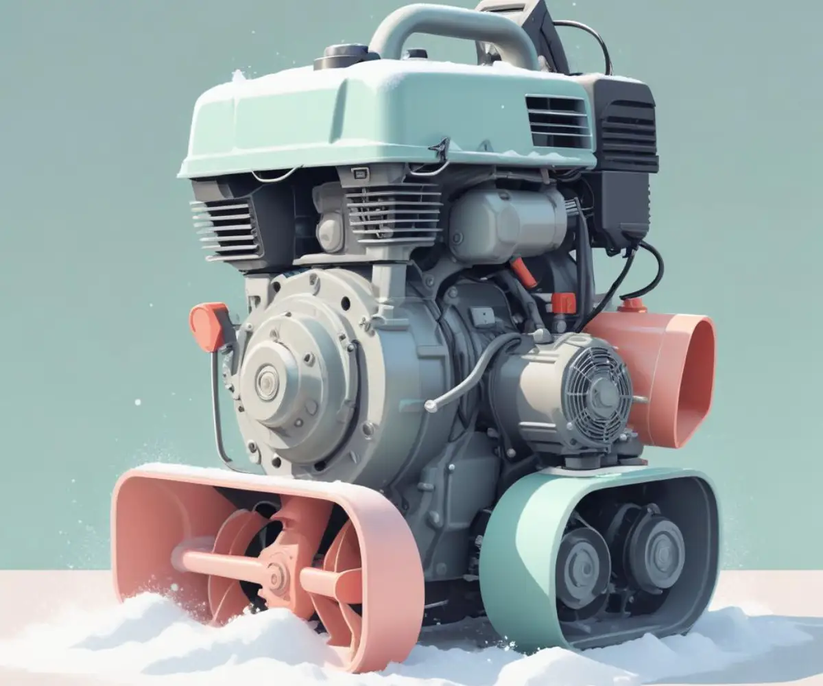 Close-up view of a modern snow blower engine with electronic fuel injection components.