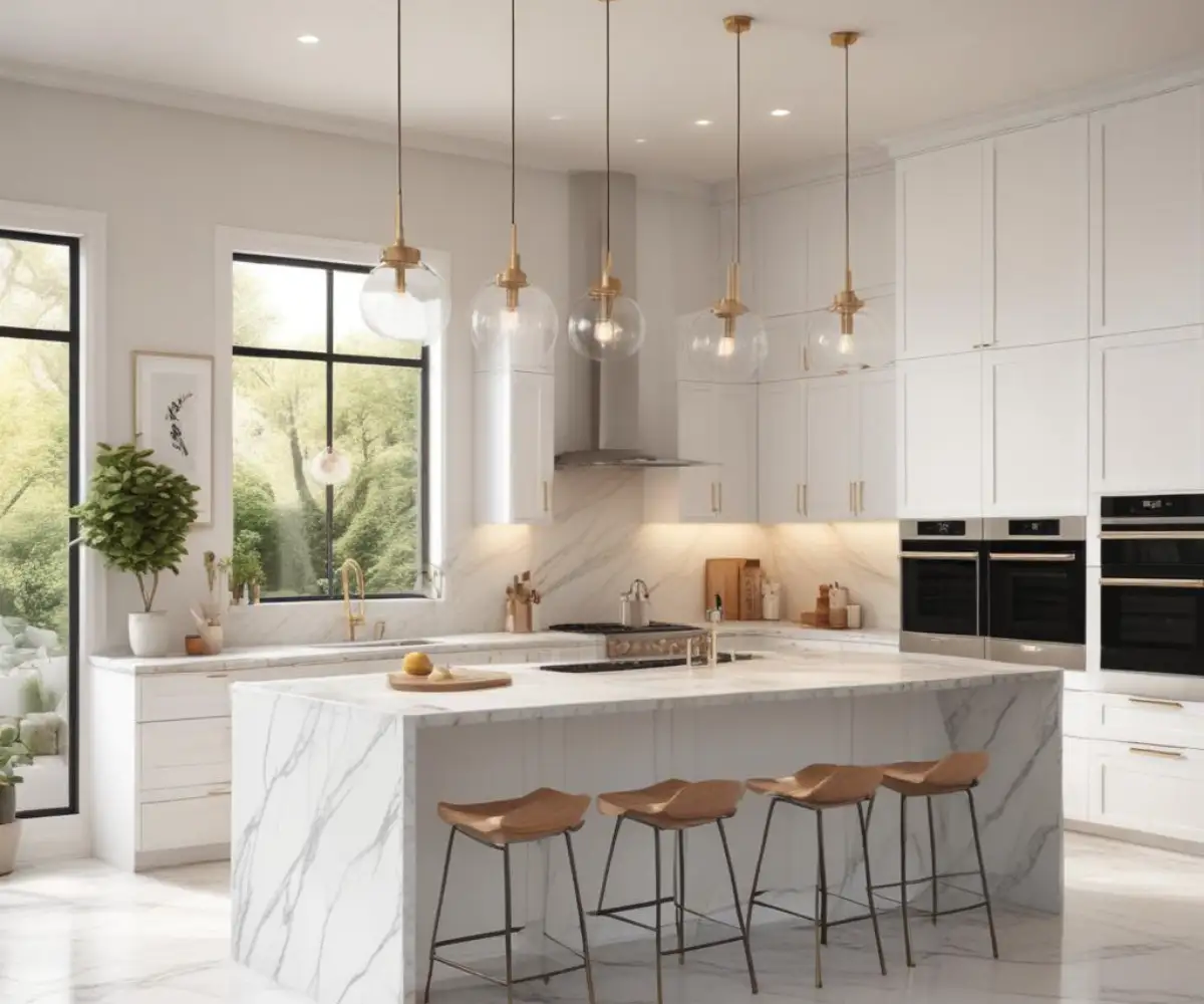 A spacious, modern kitchen with white cabinets extending up to a high 10-foot ceiling, with a large marble island in the center under three stylish pendant lights.