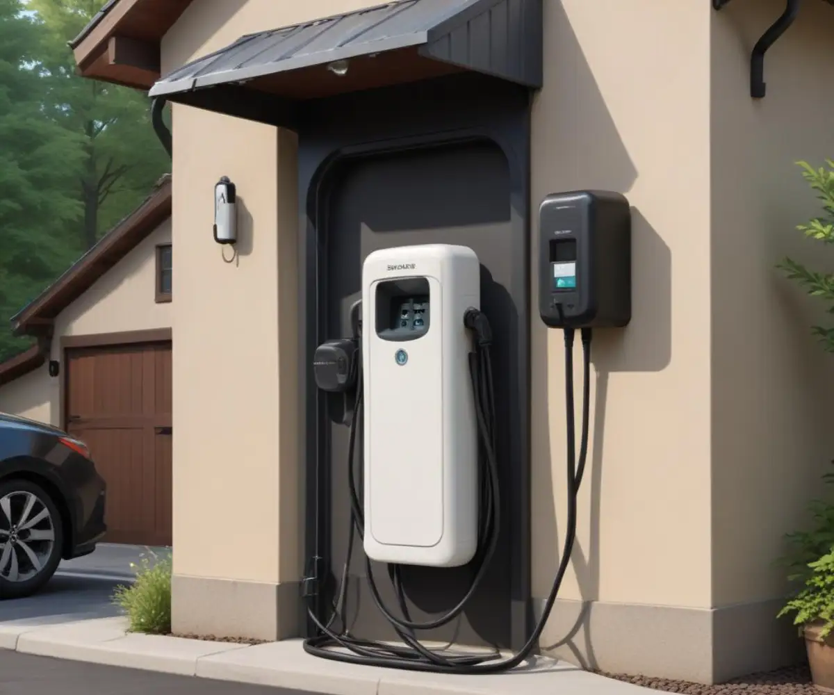 A hardwired 100-amp electric vehicle charging station with a coiled black cable, mounted to the exterior wall of a modern garage.