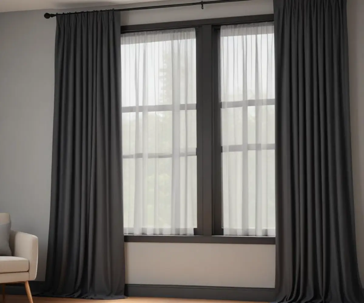 A long black metal curtain rod installed above a wide window, supporting gray drapes without a center bracket.