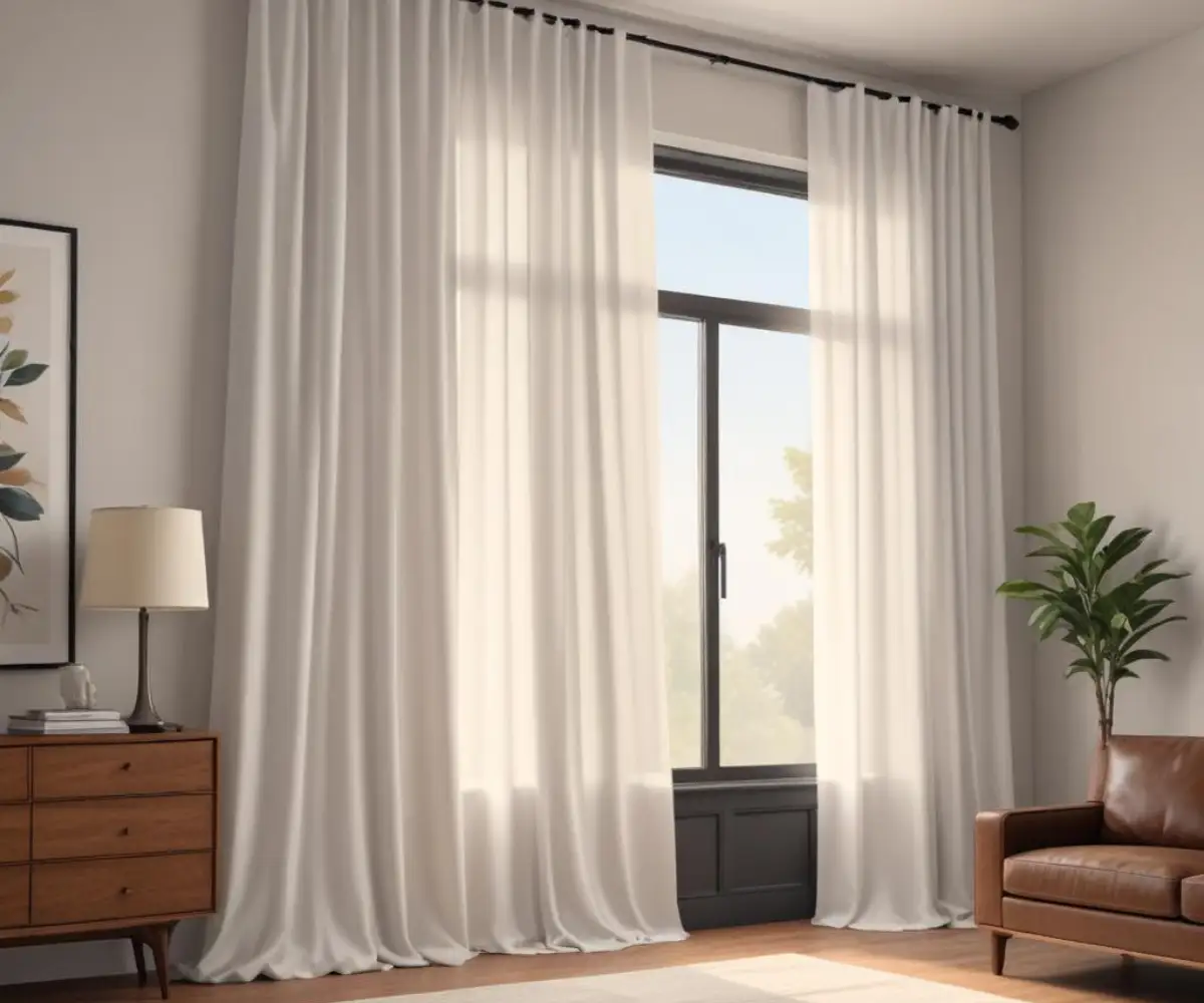 Floor-to-ceiling white 108-inch curtains hanging from a dark curtain rod in a room with a nine-foot ceiling and light-colored walls.