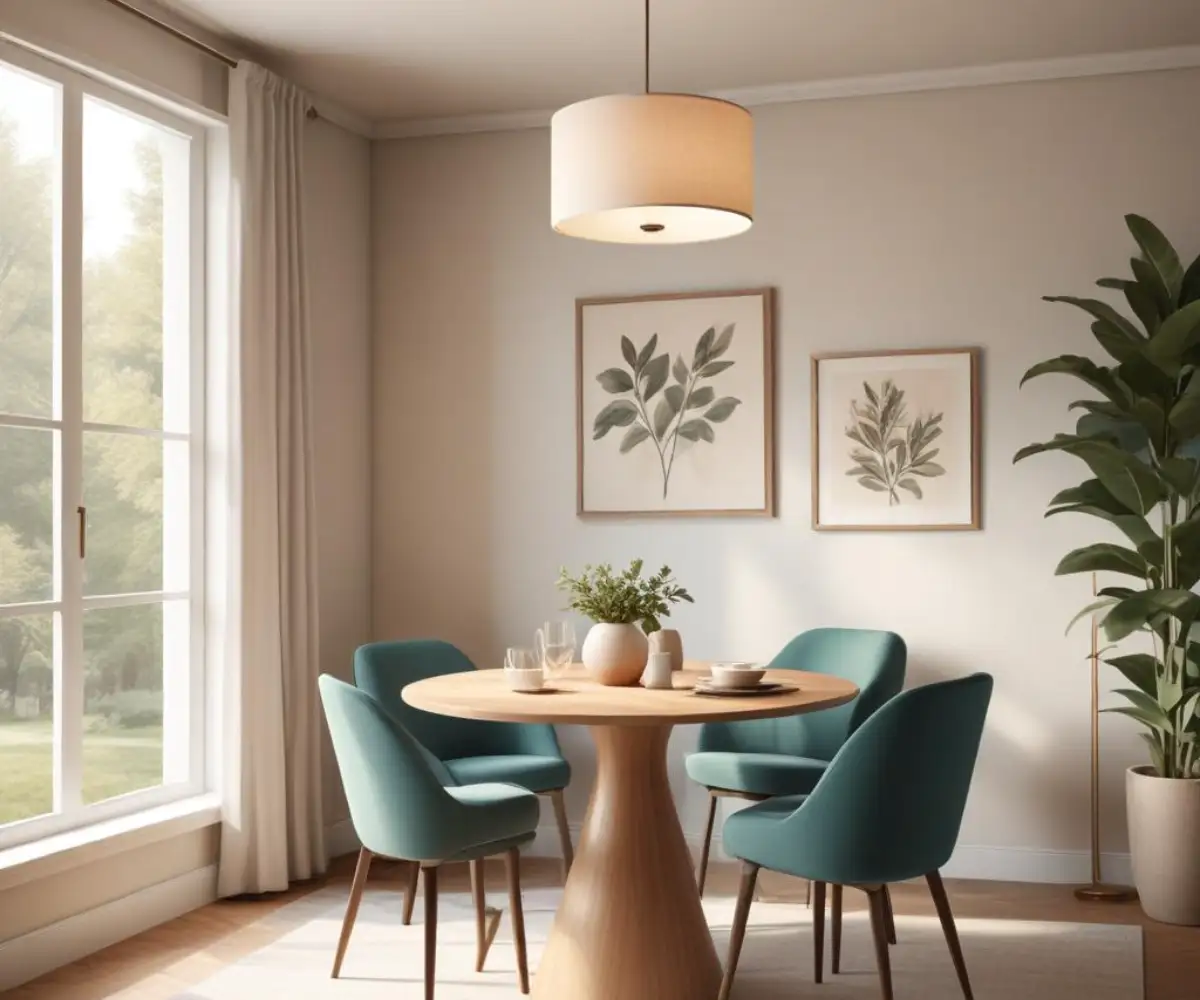 A cozy, small square dining room with a round pedestal table, four upholstered chairs, and a modern pendant light hanging above the table.
