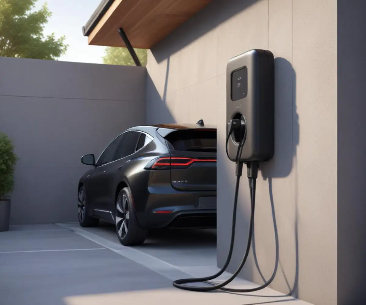 A black level 2 electric vehicle charging station mounted to a gray garage wall, with the charging cable unplugged and coiled on its holder.