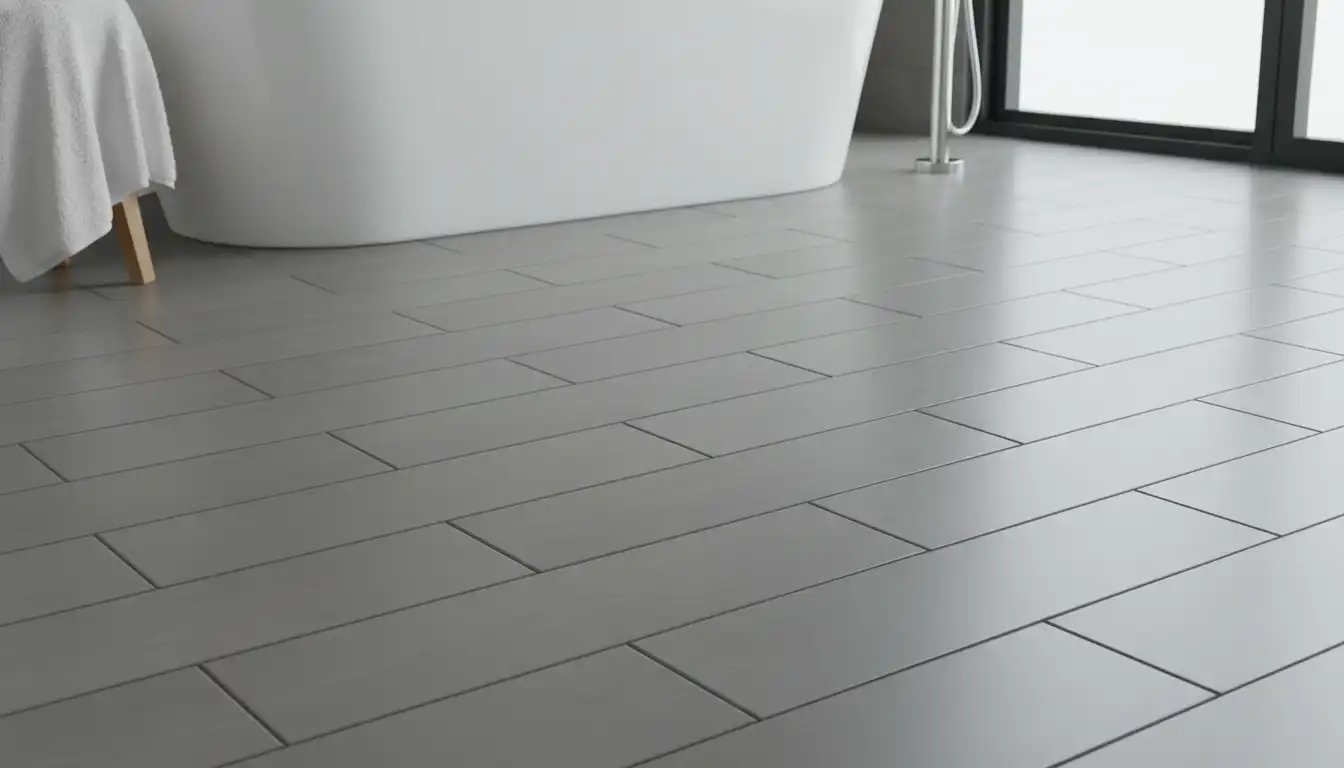 A bathroom floor with large, rectangular gray porcelain tiles laid in a horizontal running bond pattern.