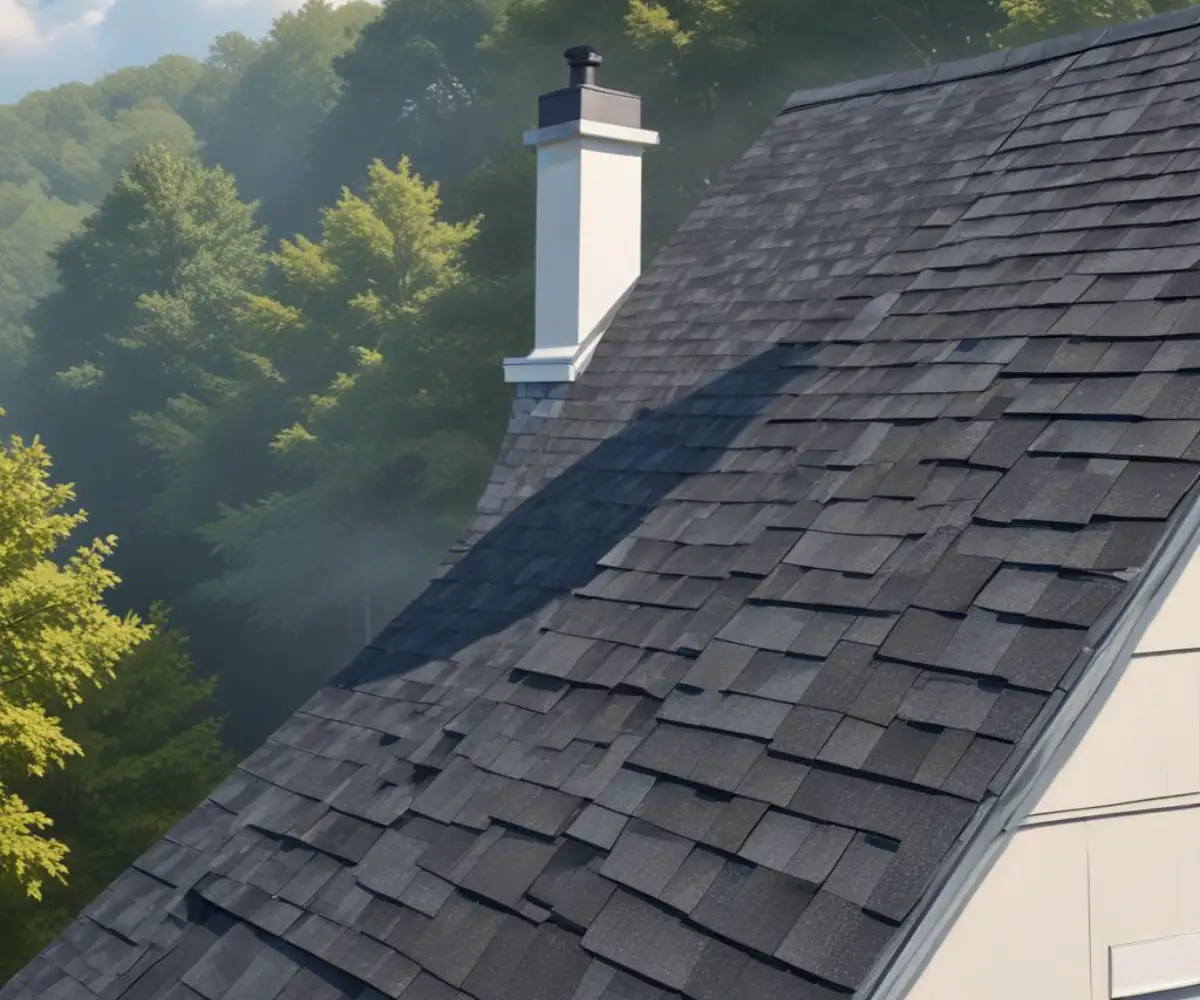 A close-up of a very steep residential roof with asphalt shingles, showcasing a 14/12 pitch against a partly cloudy sky.