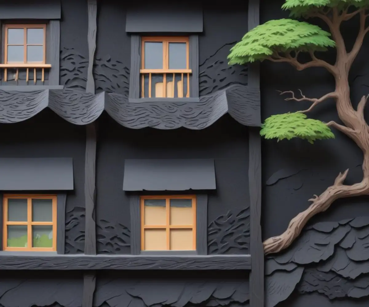 A close-up of overlapping layers of black asphalt felt paper installed on the exterior wall sheathing of a house under construction.