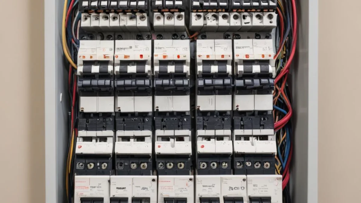 A modern residential electrical service panel with the cover removed, showing the main breaker at the top and rows of circuit breakers below.