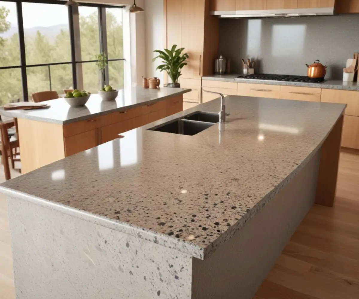 A polished speckled granite countertop with a deep overhang on a kitchen island.