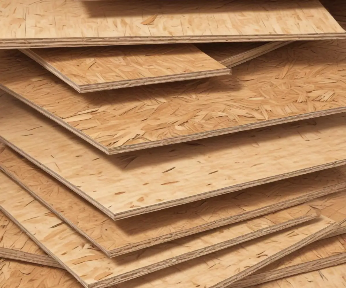 Stack of oriented strand board OSB panels with varying thicknesses used for construction sheathing.
