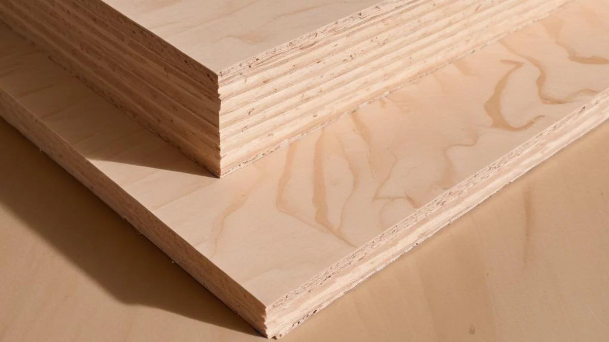 Close-up on the edges of 19/32 and 5/8 plywood sheets, showing the minimal difference in thickness.