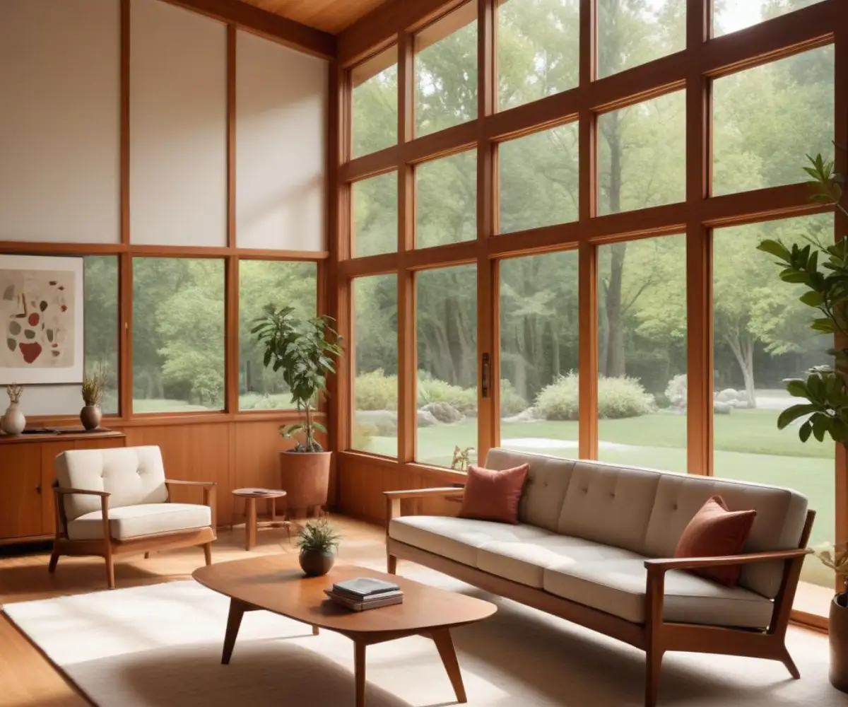 A mid-century modern living room featuring wood-framed casement windows with large, single panes of glass and simple crank hardware.