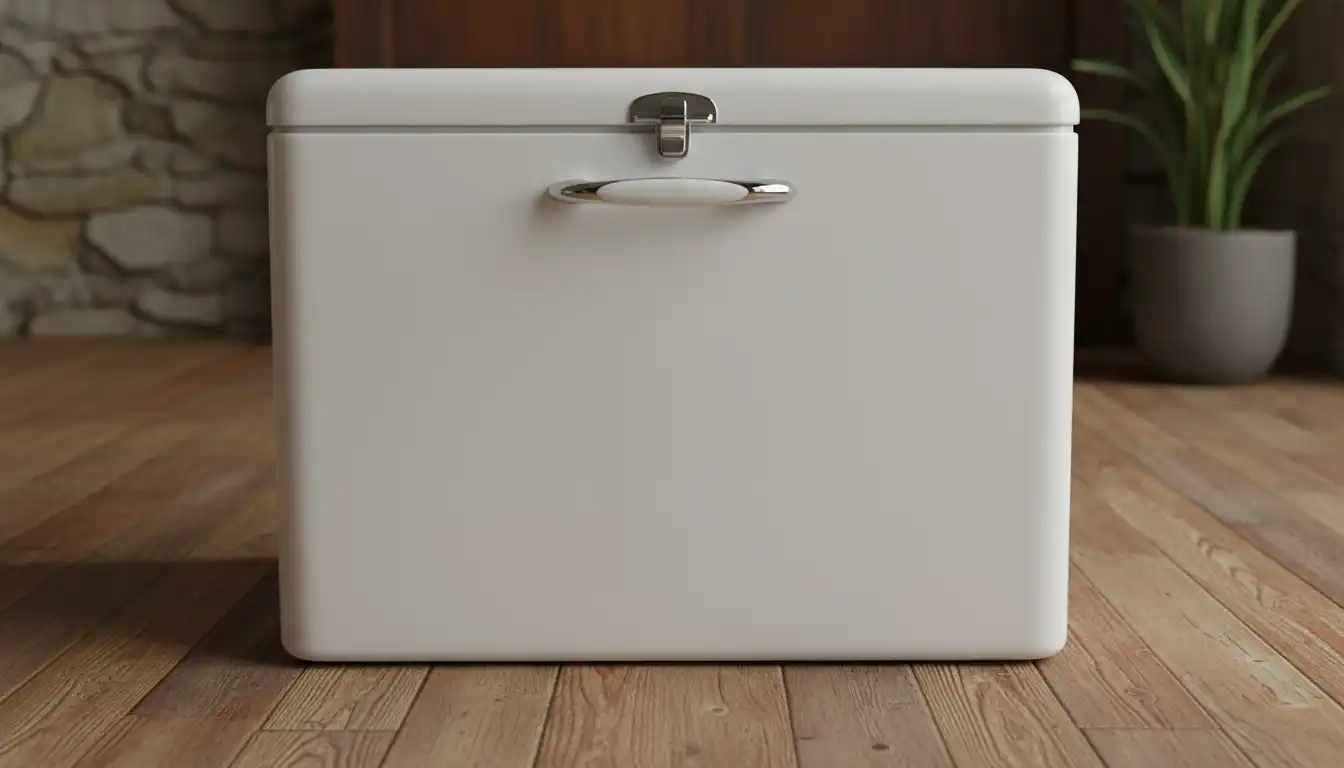 A vintage, white 1950s chest freezer with a chrome latch handle placed on a wooden floor.