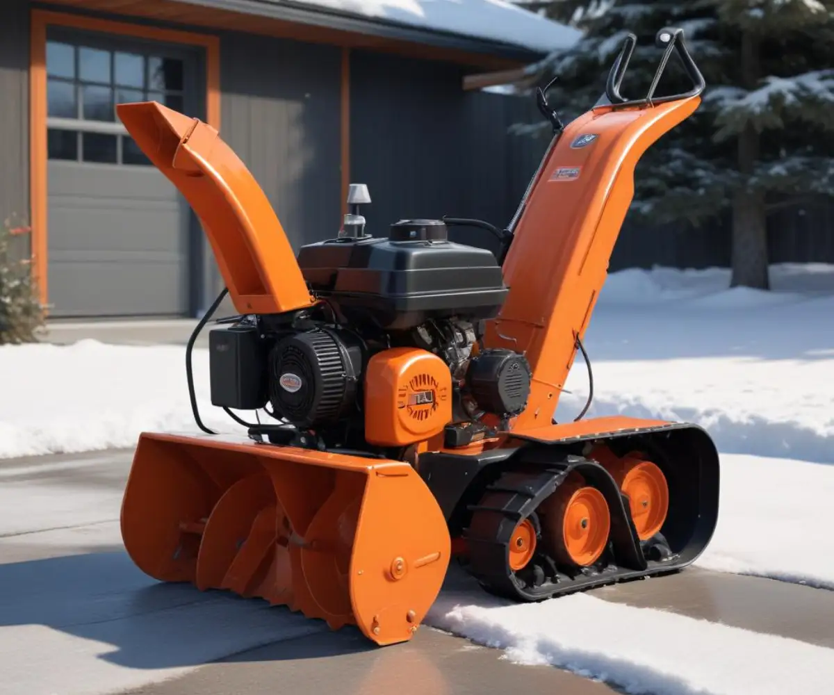 A vintage orange 1970s Ariens Sno-Thro snowblower with a black engine and handlebars, parked on a clean concrete surface.