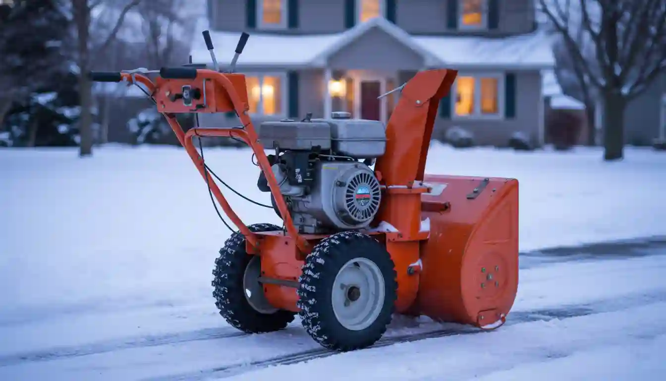 A vintage orange Ariens two-stage snowblower from the 1980s with a black handlebar and engine.
