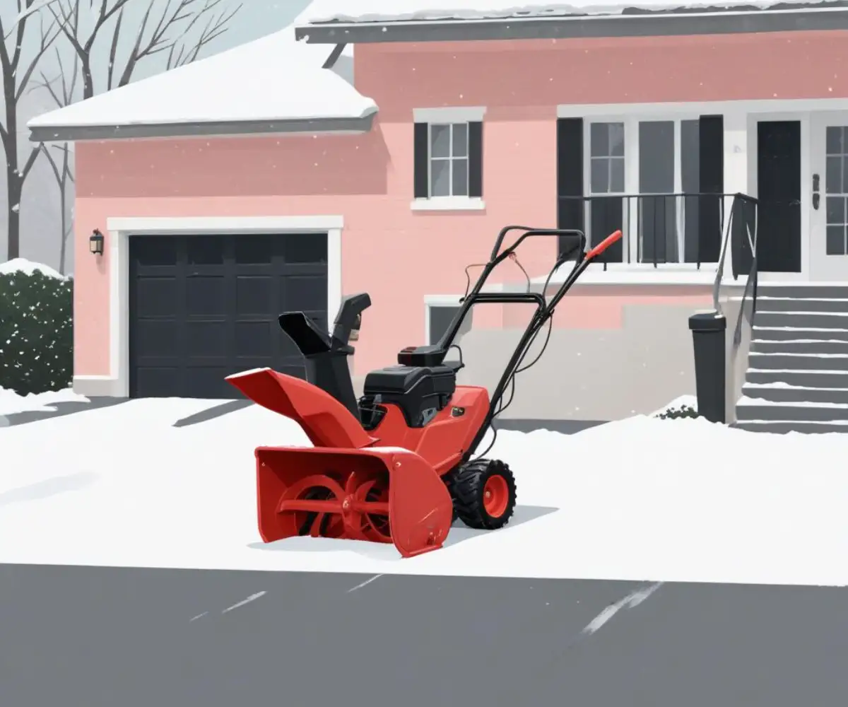 A red two-stage snow blower with a black chute, resting on a clean concrete driveway next to a neatly trimmed lawn.