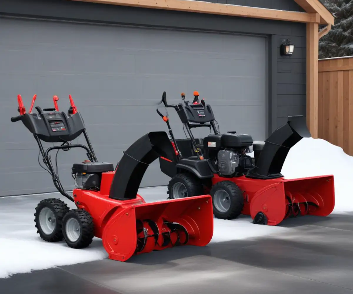 A red two-cycle snow blower positioned next to a black four-cycle snow blower on a clean concrete garage floor.