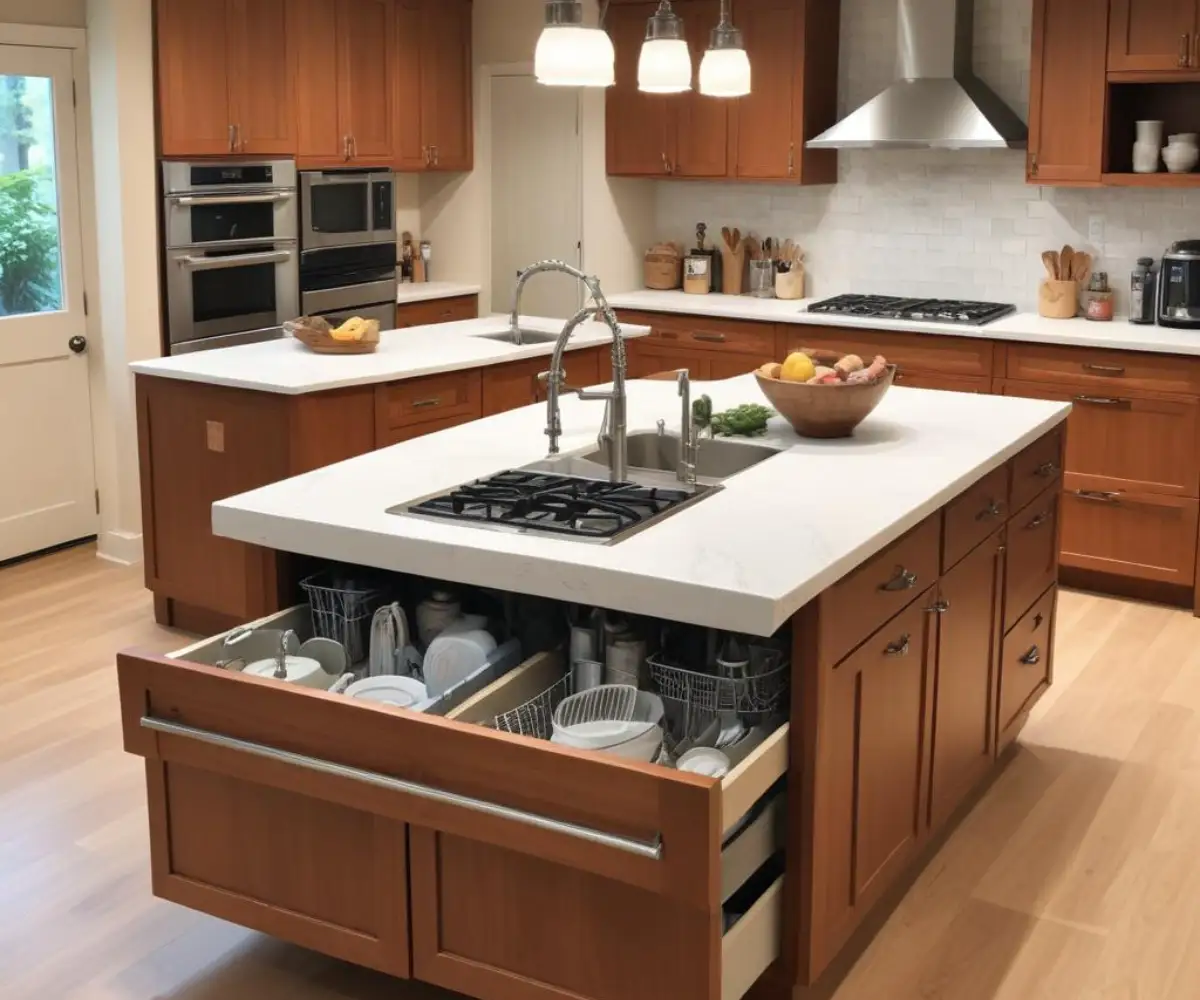 A modern kitchen island with two integrated dishwashers flanking the sink under a white countertop.