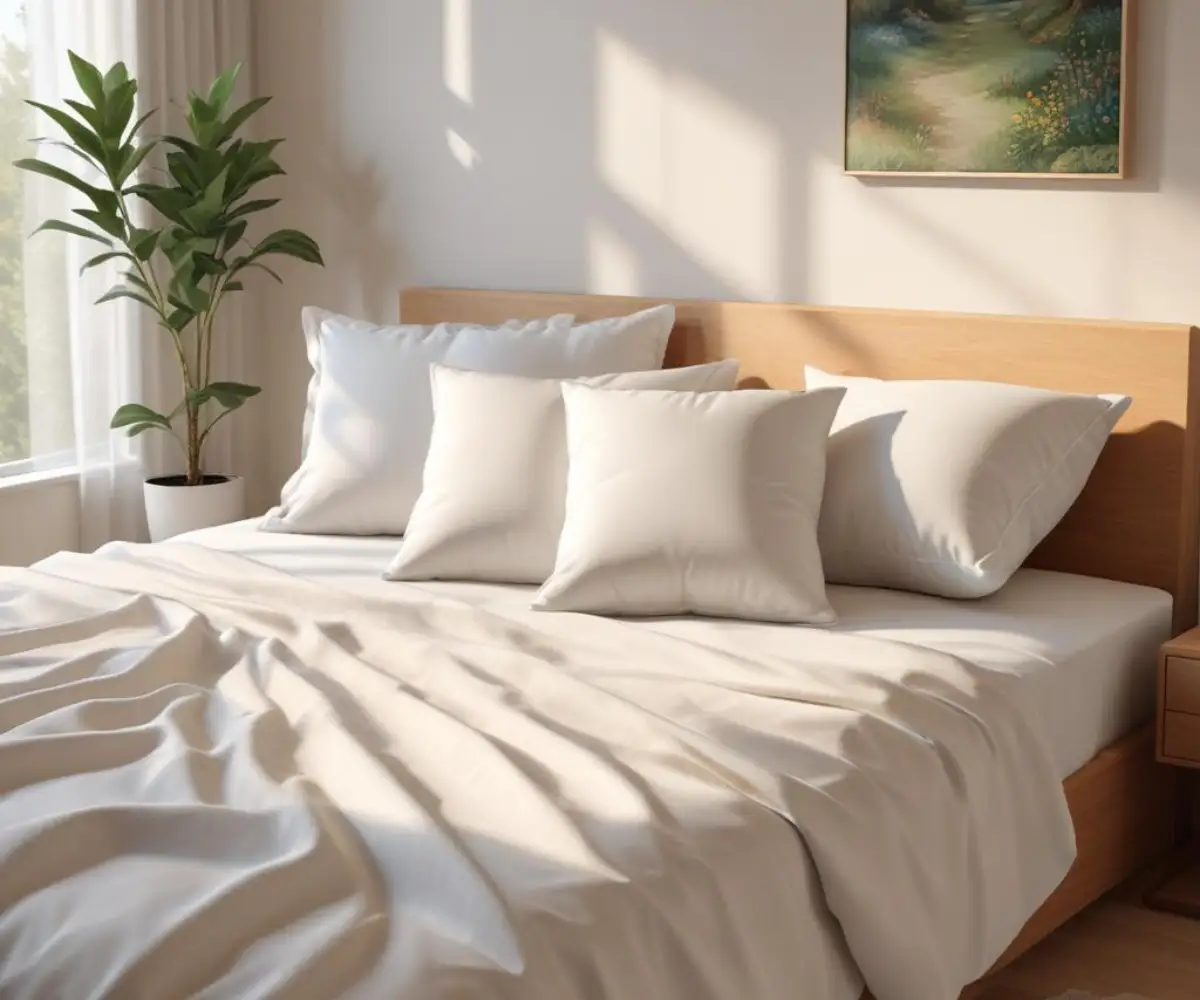 Two square Euro pillows arranged on a neatly made king-sized bed.