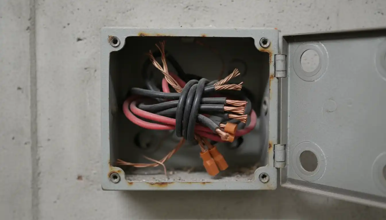 Close-up of an open electrical junction box showing black, red, and bare copper wires.