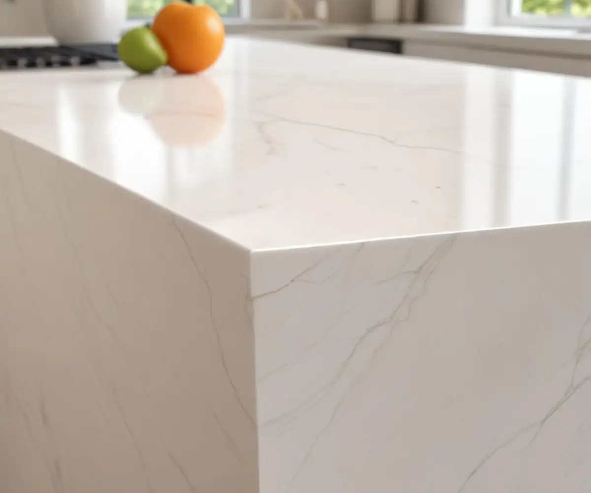 A close-up of a white quartz countertop with a thick, 2-inch mitered edge creating a seamless, sharp corner.