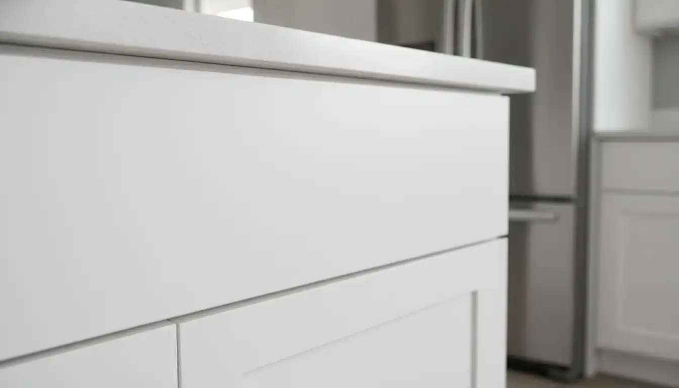 Close-up of a white shaker cabinet door with a narrow 2-inch wide frame.