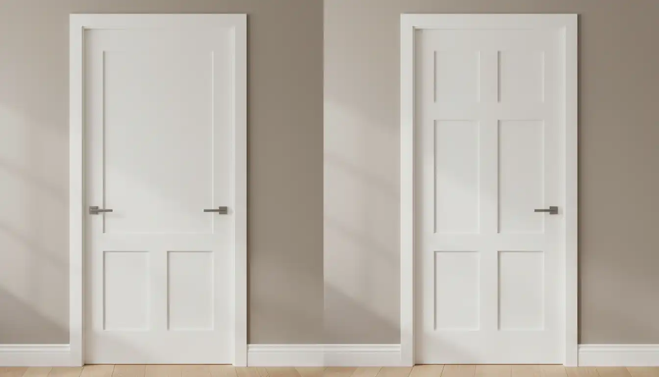 A side-by-side comparison of a white 2-panel interior door and a white 6-panel interior door, shown against a neutral-colored wall.