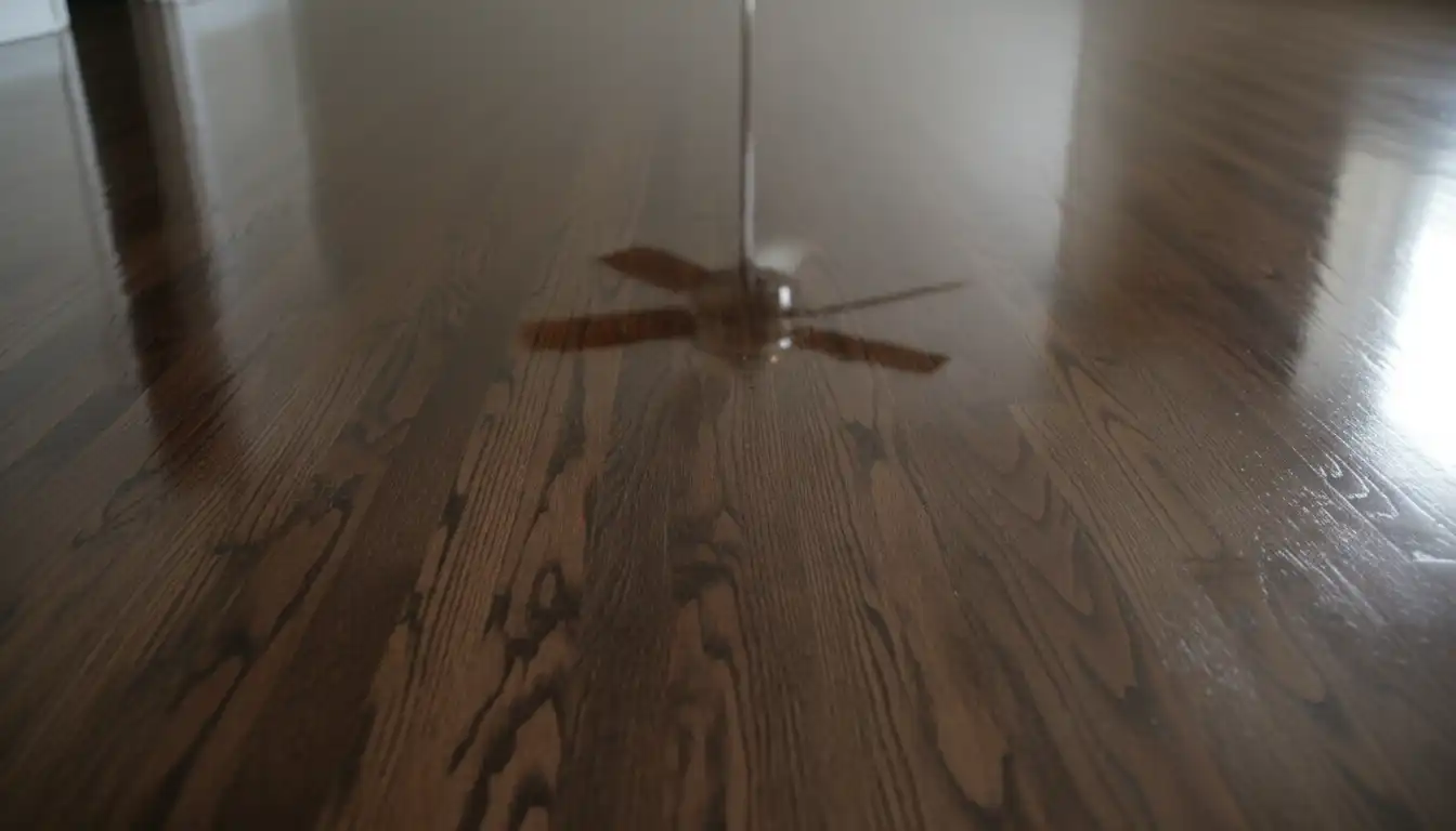 A smooth, reflective surface of a recently applied epoxy coating on a hardwood floor.