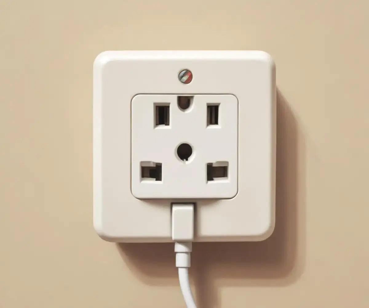 A white, two-prong ungrounded electrical plug on the end of a power cord for an air conditioning unit.