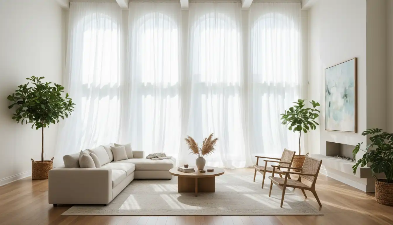 A bright, airy living room with soaring two-story windows dressed in elegant, white floor-to-ceiling sheer curtains.