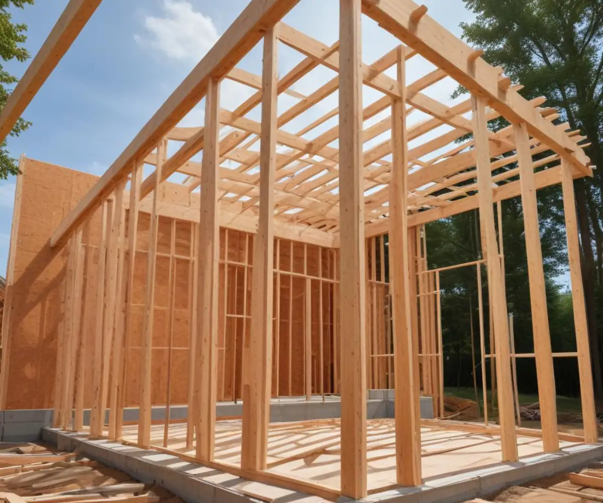 Exposed structural framing of a high 20-foot wall during new home construction.