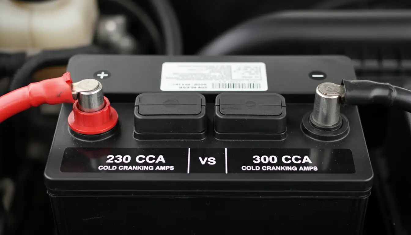 A close-up view of the top of a lead-acid battery showing the positive and negative terminal posts.
