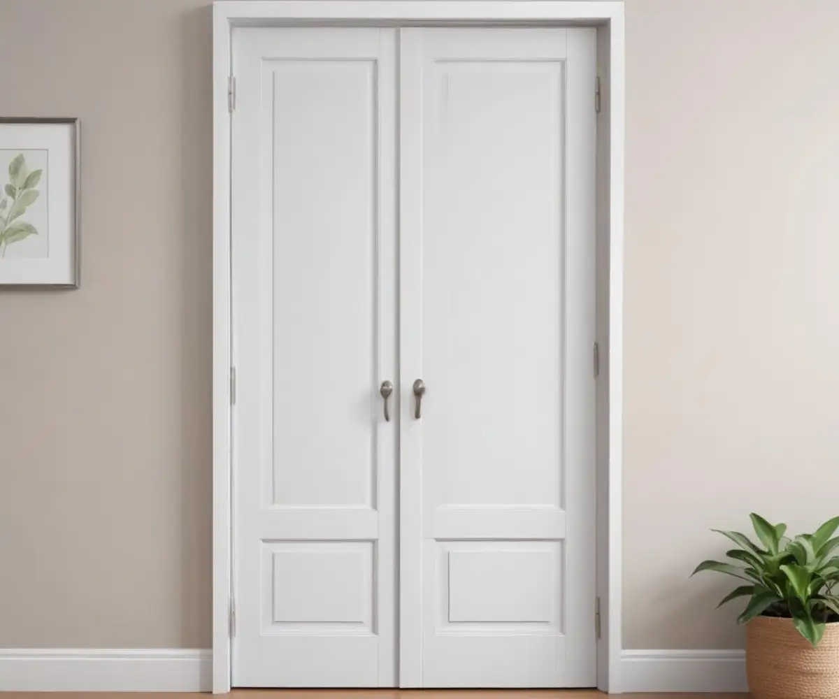 A pair of white, paneled bifold closet doors with brushed nickel knobs, set within a plain white door frame against a light gray wall.