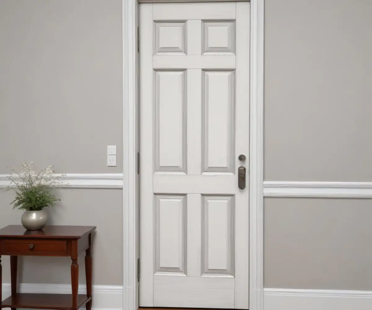 A white six-panel interior door with a brushed nickel lever handle set within a light gray wall and white trim.