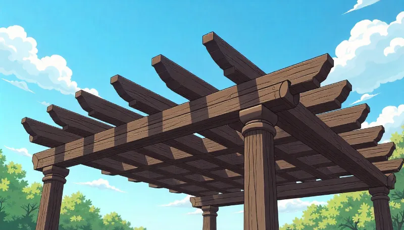 Dark-stained 2x2 wood slats creating a geometric pattern on a pergola roof against a clear sky.