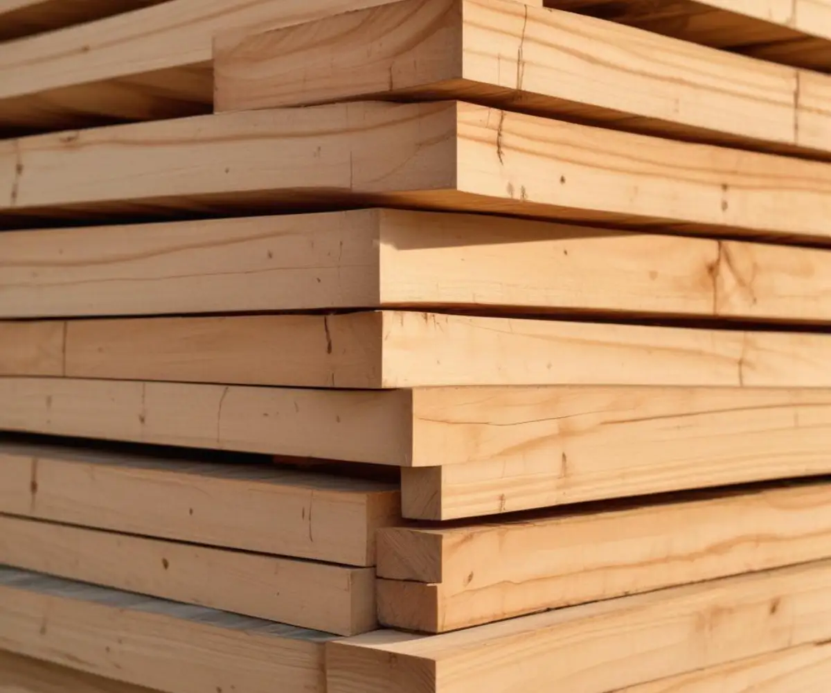 A stack of pressure-treated 2x8 lumber with visible wood grain, ready for deck construction.