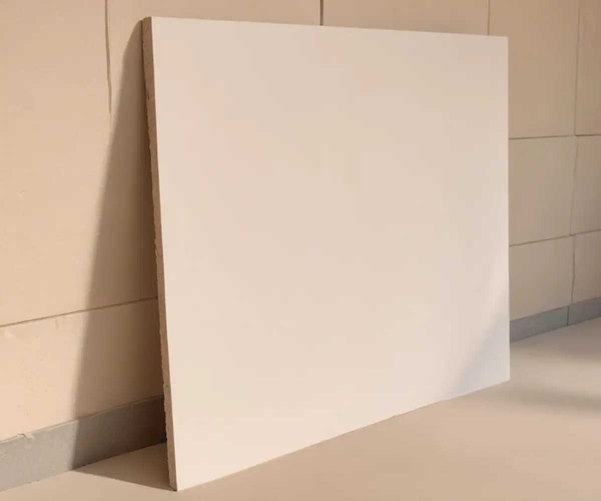 A stack of three-quarter-inch thick gypsum wallboard panels.