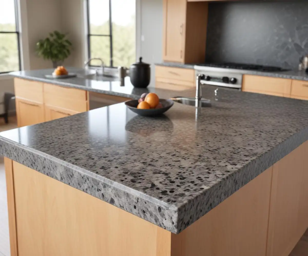 A polished 3/4 inch thick granite countertop with a speckled gray and black natural stone pattern and a smooth, eased edge.
