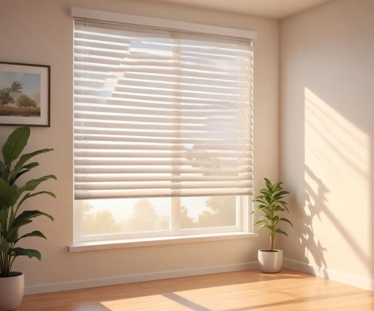 Sunlight creating soft shadows as it passes through modern, horizontal white window blinds in a well-lit room.