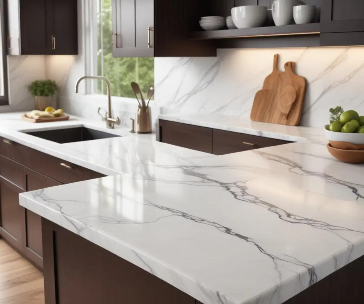 Close-up of a white marble kitchen countertop with a standard three-inch overhang above dark wood cabinets.