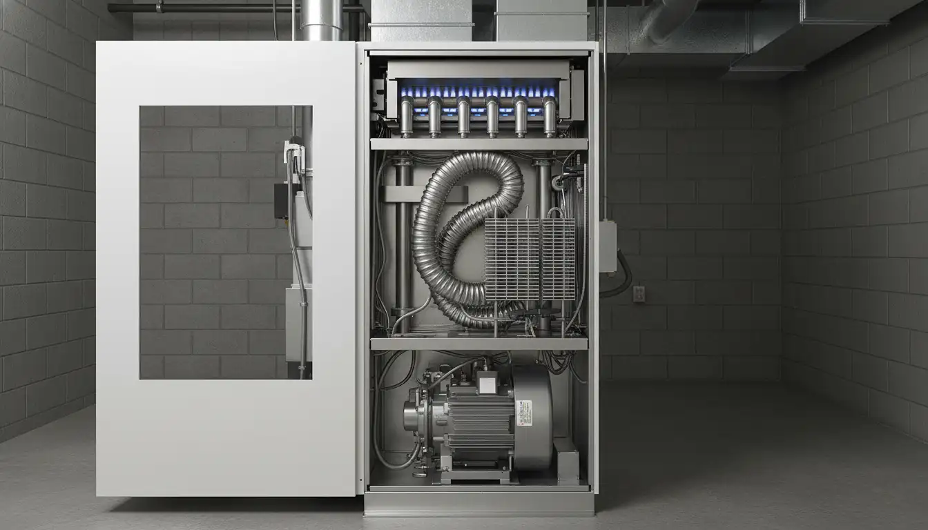 Cutaway view of a high-efficiency three-stage gas furnace showing the internal burners, heat exchanger, and variable-speed blower motor assembly.