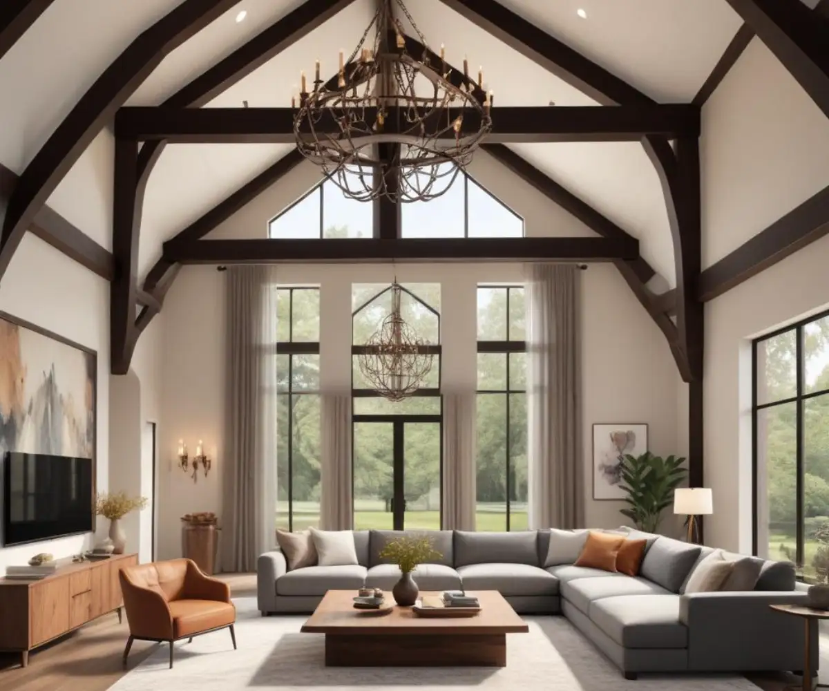 A large, open-concept living room with a 30-foot vaulted ceiling, exposed dark wood beams, and a grand modern chandelier.