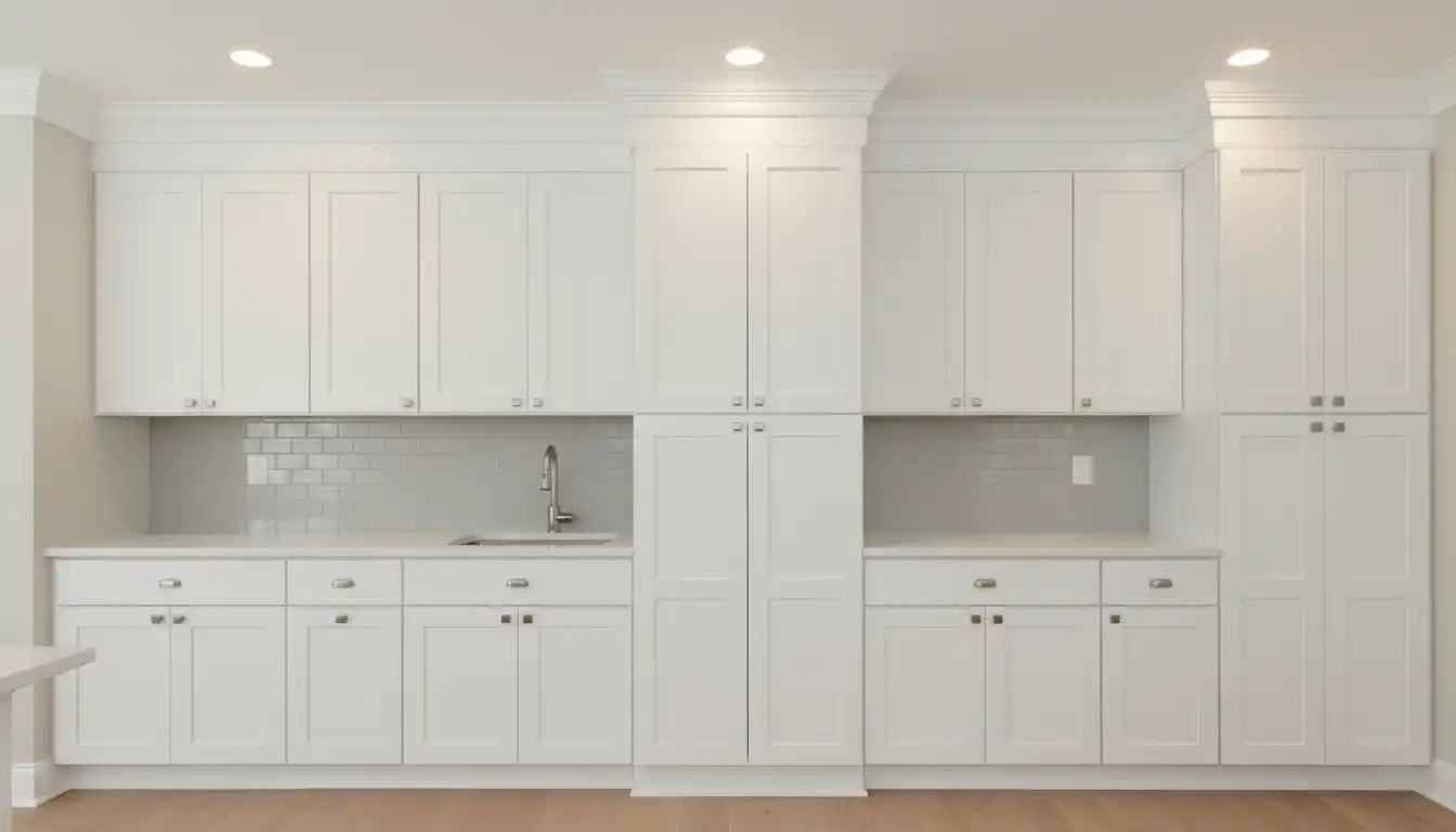 White, 36-inch upper kitchen cabinets installed below a standard 8-foot ceiling, with decorative crown molding filling the space between the top of the cabinets and the ceiling.