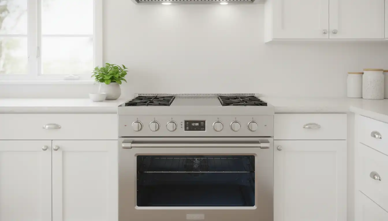 A sleek 36-inch induction range with a smooth black glass cooktop and stainless steel control knobs, viewed from the front in a brightly lit kitchen.
